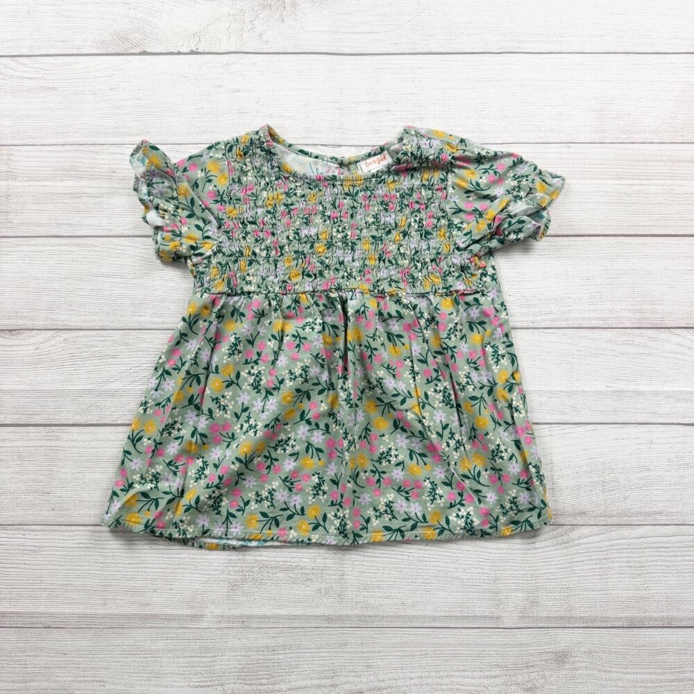 Cat & Jack Girls Smocked Top Green Floral Puff Sleeve Blouse 10-12